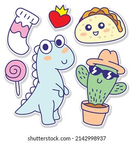 Funny little dinosaur with cactus and other various object stickers