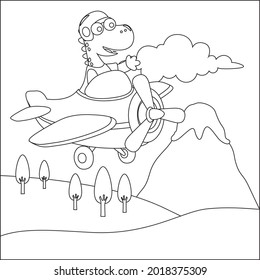 Funny little dinosaur pilot is flying in the sky. Cartoon isolated vector illustration, Creative vector Childish design for kids activity colouring book or page.