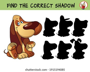 Funny little dog. Basset hound. Find the correct shadow. Educational matching game for children. Cartoon vector illustration