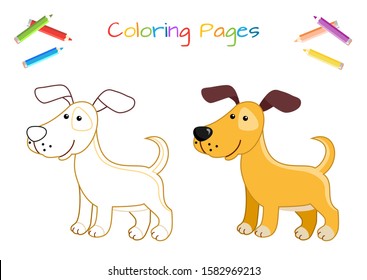 Funny little dog. Coloring book. Educational game for children. Cartoon vector illustration