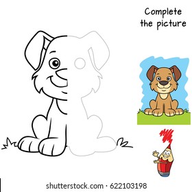 Funny little dog. Complete the picture children drawing game. Coloring book. Cartoon vector illustration