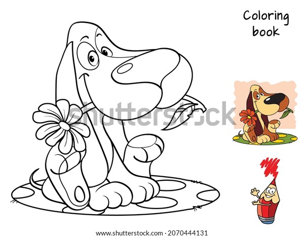 Funny little dog with a flower.\
Basset hound. Coloring book. Cartoon vector\
illustration