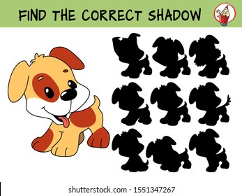 Funny little dog. Puppy. Find the correct shadow. Educational matching game for children. Cartoon vector illustration