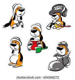 Funny little dog.
A set of sketches of cartoon puppy in a variety of hats, isolated on white background. Vector illustration.
