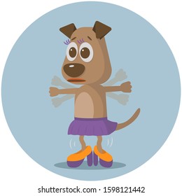 funny little dog that cannot walk in very large high-heeled shoes, in a skirt, with painted eyelashes on a blue background