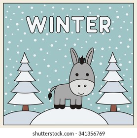 Funny little donkey winter on background snowflakes