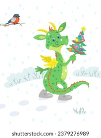 Funny little dragon in felt boots walks through a winter meadow with a decorated Christmas tree in hands. In cartoon style. Isolated on white background. Vector flat illustration. New Year card