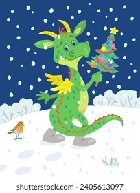 Funny little dragon in felt boots goes under the falling snowflakes with decorated Christmas tree in his hands. In cartoon style. Winter landscape. Vector flat illustration. New Year card