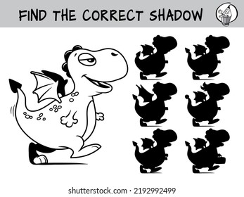 Funny little dragon. Find the correct shadow. Educational matching game for children. Black and white cartoon vector illustration