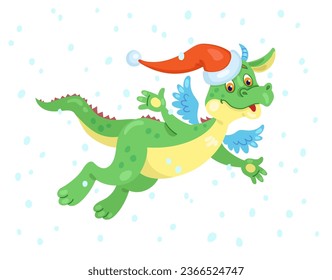 Funny little dragon flies in a Santa hat. In cartoon style. Isolated on white background. Vector flat illustration. Chinese New Year symbol