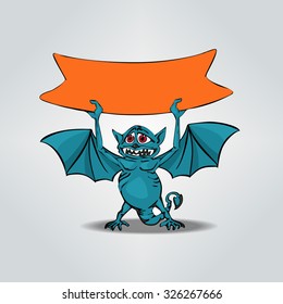 Funny little dragon with orange plate for design elements or text. Isolated. Happy Halloween card. Cartoon. Vector illustration. 