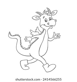 Funny little dragon walks in felt boots. Black and white contour picture. In cartoon style. Vector illustration. For coloring book.