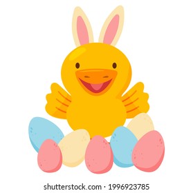 Funny little duckling with bunny ears surrounded with colourfull easter eggs. Vector illustration isolated on a white background