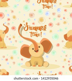 Funny little elephant with soap bubbles. Summer time. Seamless pattern on a light background. Little elephants play on a beautiful summer day. Design children's textiles and packaging materials.