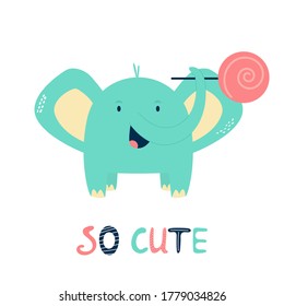 Funny little elephant with stick candy. Vector illustration for baby shower cards, invitations, kids prints