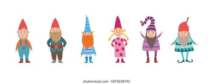 Funny little elves or dwarfs cartoon characters standing in row, flat vector illustration isolated on white background. Fantasy folktales elves personages.