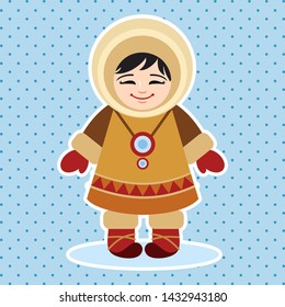 Funny little Eskimo, national ethnic clothing. Educational game for children. Cartoon vector illustration