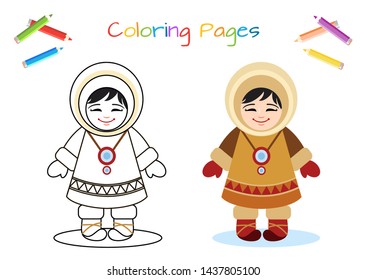 Funny little Eskimo, national ethnic clothing. Copy the picture. Coloring book. Educational game for children. Cartoon vector illustration