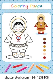 Funny little Eskimo, national ethnic clothing. Copy the picture. Coloring book. Educational game for children. Cartoon vector illustration