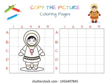 Funny little Eskimo, national ethnic clothing. Copy the picture. Coloring book. Educational game for children. Cartoon vector illustration