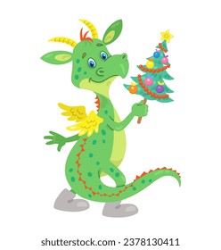 Funny little fairy-tale dragon in felt boots and with a decorated Christmas tree in his hands. In cartoon style. Isolated on white background. Vector flat illustration. Chinese New Year symbol