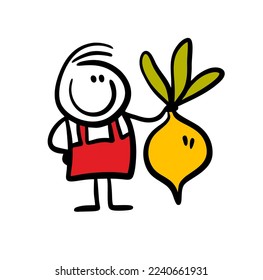 Funny little farmer holds with proud a big vegetable in hand. Vector illustration of harvest of healthy food.