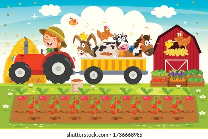 Funny Little Farmer Riding Tractor