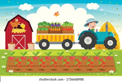 Funny Little Farmer Riding Tractor