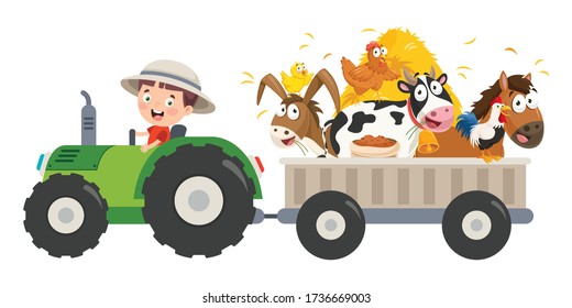 Funny Little Farmer Riding Tractor