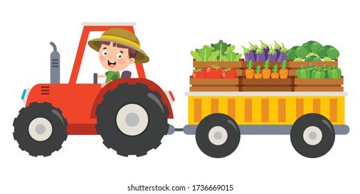 Funny Little Farmer Riding Tractor