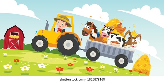 Funny Little Farmer Riding Tractor