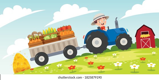 Funny Little Farmer Riding Tractor