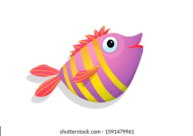 Funny little fish saltwater friendly smiling pet animal.  Tropic happy smiling fish with stripes pink color vector kids cartoon.