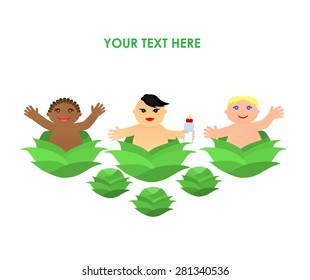 Funny little flat children in cabbage. Vector illustration