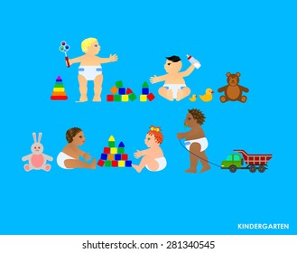 Funny little flat children play in the garden. Vector illustration