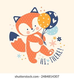 Funny little fox cub with balloons. Adorable baby Birthday party concept. Naive Scandi style simple print. Animal ginger baby