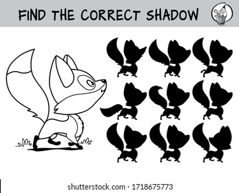 Funny little fox. Find the correct shadow. Educational matching game for children. Black and white cartoon vector illustration