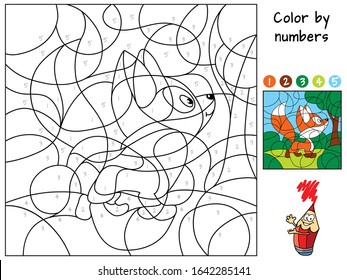 Funny little fox in the forest. Color by numbers. Coloring book. Educational puzzle game for children. Cartoon vector illustration