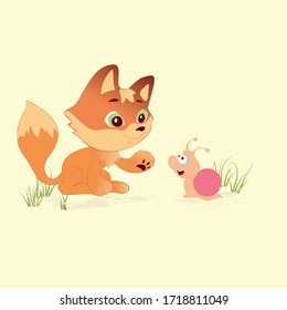 Funny little fox and snail vector character illustration