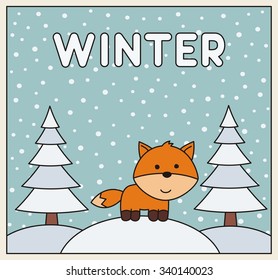 Funny little fox winter on background snowflakes
