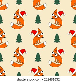 Funny little foxy in Christmas cap. Seamless winter holidays theme fox forest and Christmas tree background pattern in vector. 