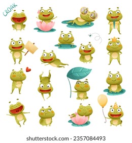 Funny Little Frog Character Engaged in Different Activity Big Vector Set