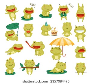 Funny Little Frog Character Engaged in Different Activity Big Vector Set