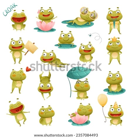 Funny Little Frog Character Engaged in Different Activity Big Vector Set
