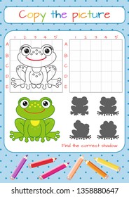 Funny little frog. Copy the picture. Coloring book. Educational game for children. Cartoon vector illustration