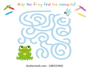 Funny little frog. Labirinth.   Educational game for children. Cartoon vector illustration