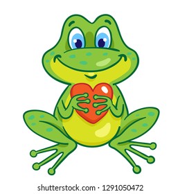 Funny little frog with a red heart in his hands. In cartoon style. Isolated on white background. Vector illustration.