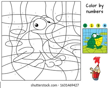 Funny little frog sitting on a leaf. Color by numbers. Coloring book. Educational puzzle game for children. Cartoon vector illustration