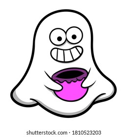 Funny little ghost brings a candy basket goes trick or treating for halloween. Cartoon Vector