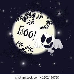 Funny little ghost screams Boo !. Square Halloween holiday template against the background of the night starry sky and a round moon.